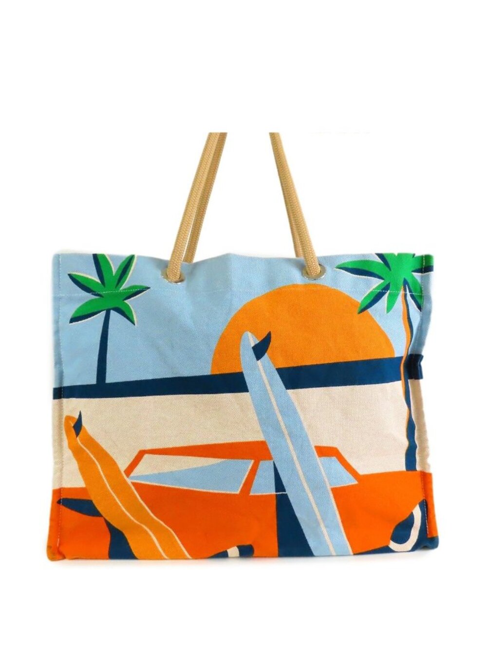 Hermes Apres la Vague Blue Orange Silver Cotton Canvas Beach Tote Bag
